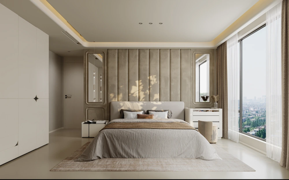 Serene bedroom with a full-height bespoke wardrobe and integrated lighting