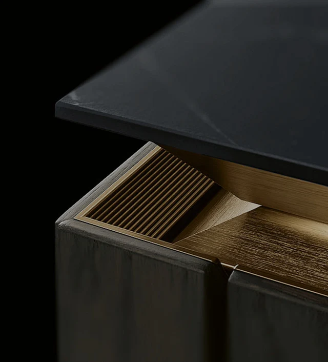 Close-up of Mretty cabinetry joinery and European hardware