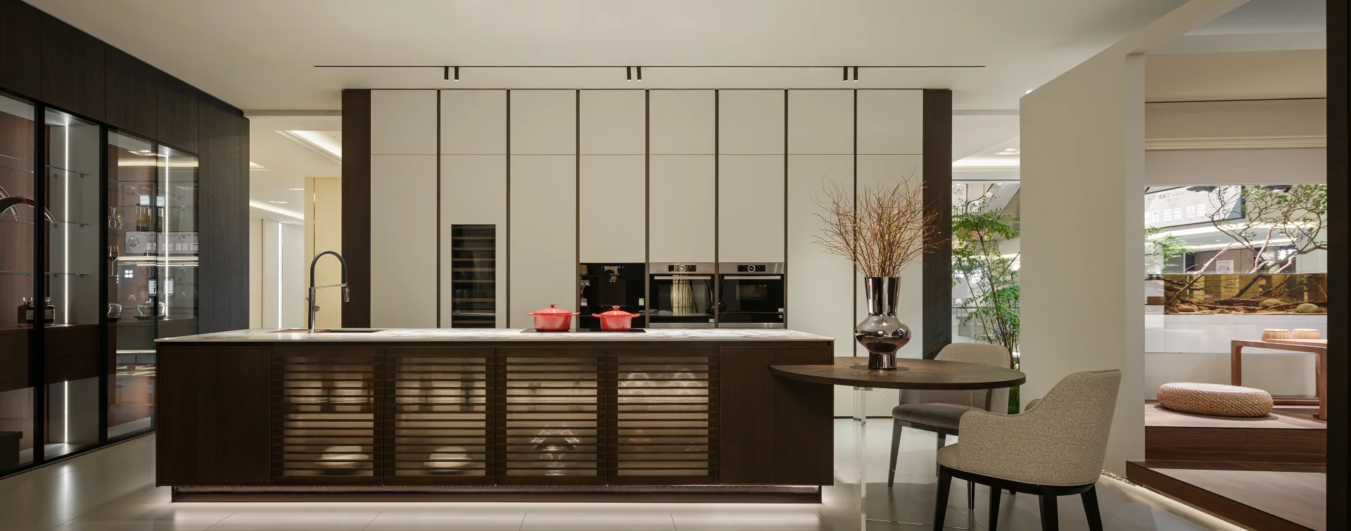 Spacious showroom interior with modern kitchen and cabinet displays