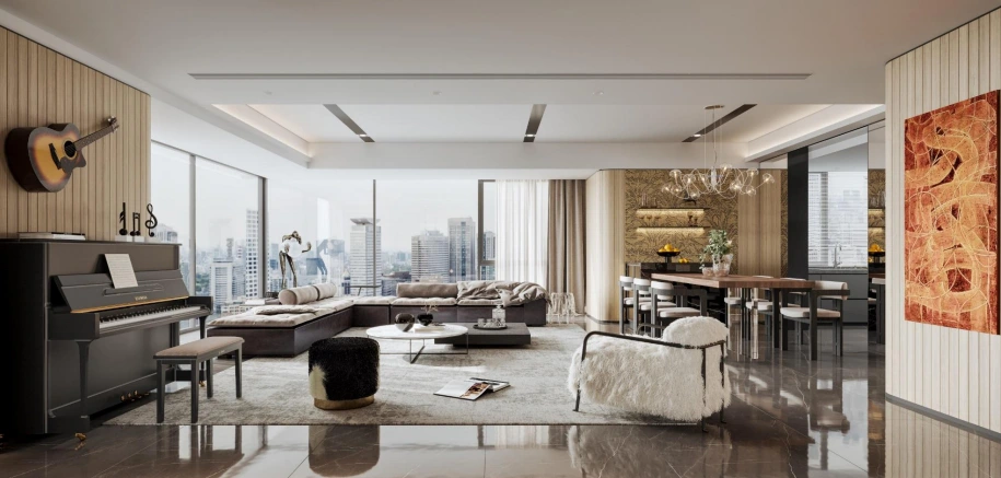 Custom living room with integrated cabinetry