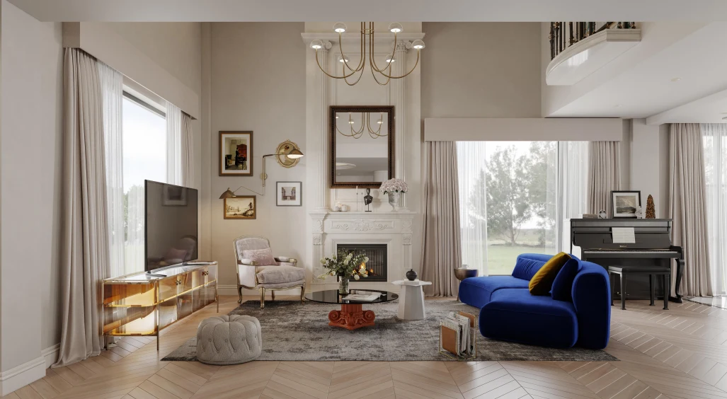 Modern living space with bespoke cabinetry and warm lighting
