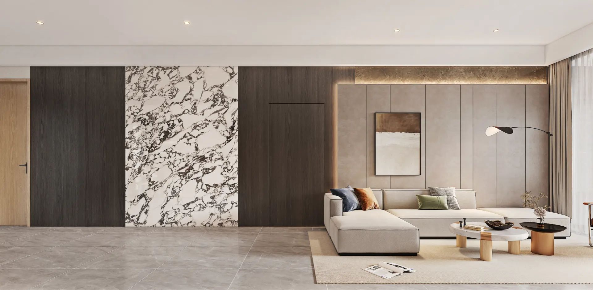 Refined living room with integrated media wall and display cabinetry