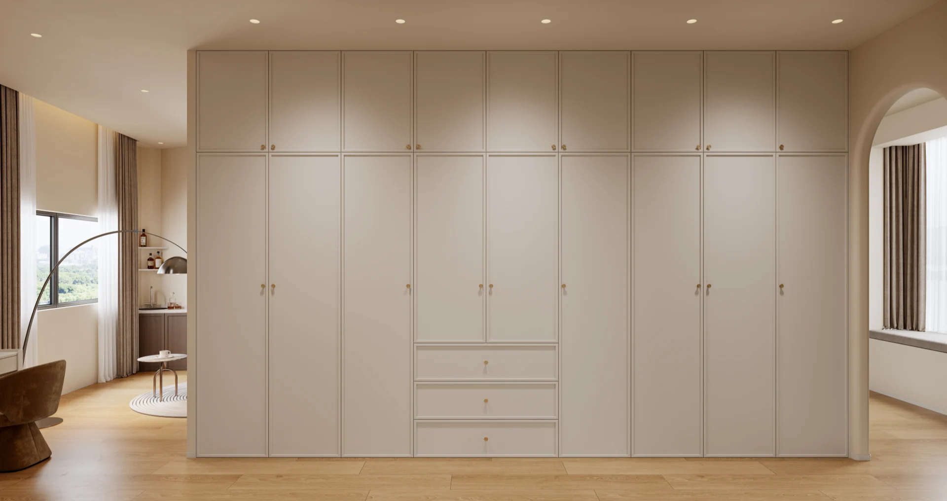 Luxury walk-in closet with illuminated wardrobe systems and glass doors