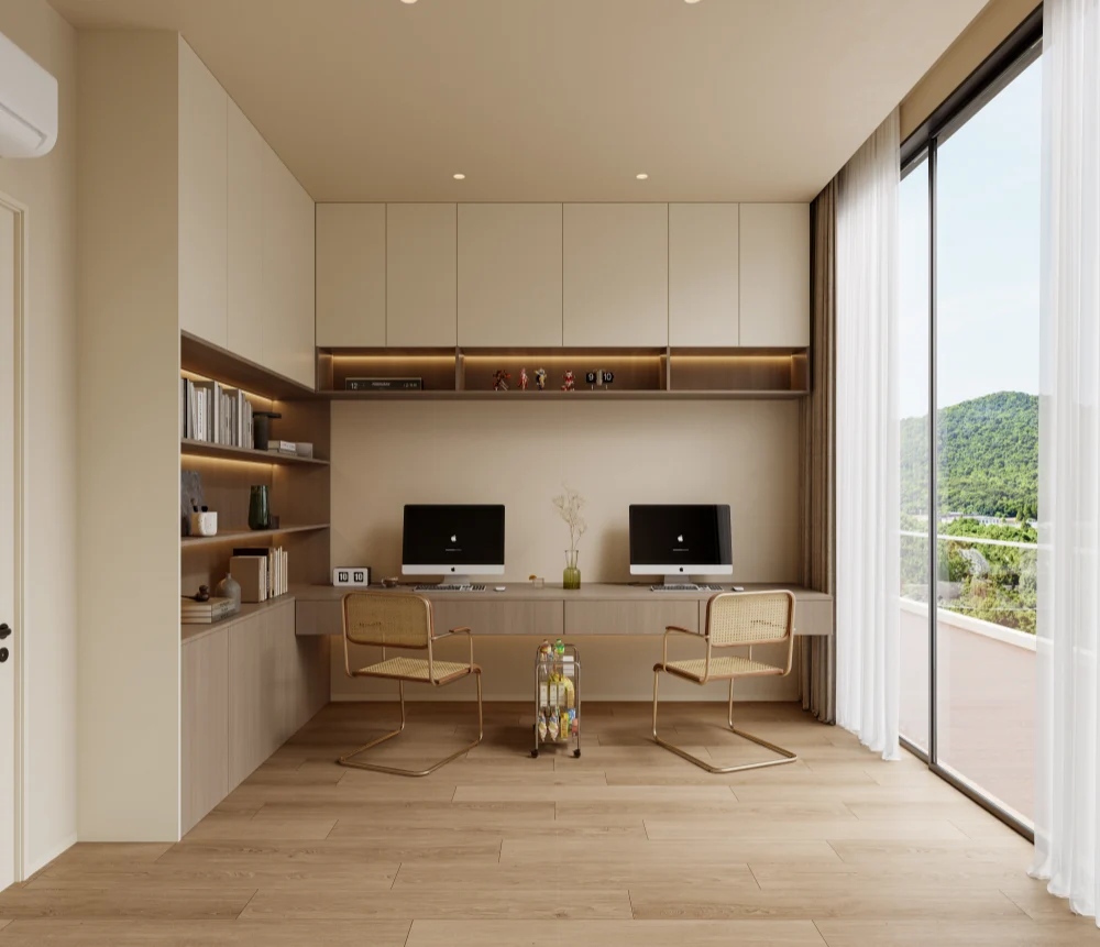 Custom home office with an ergonomic desk and integrated shelving