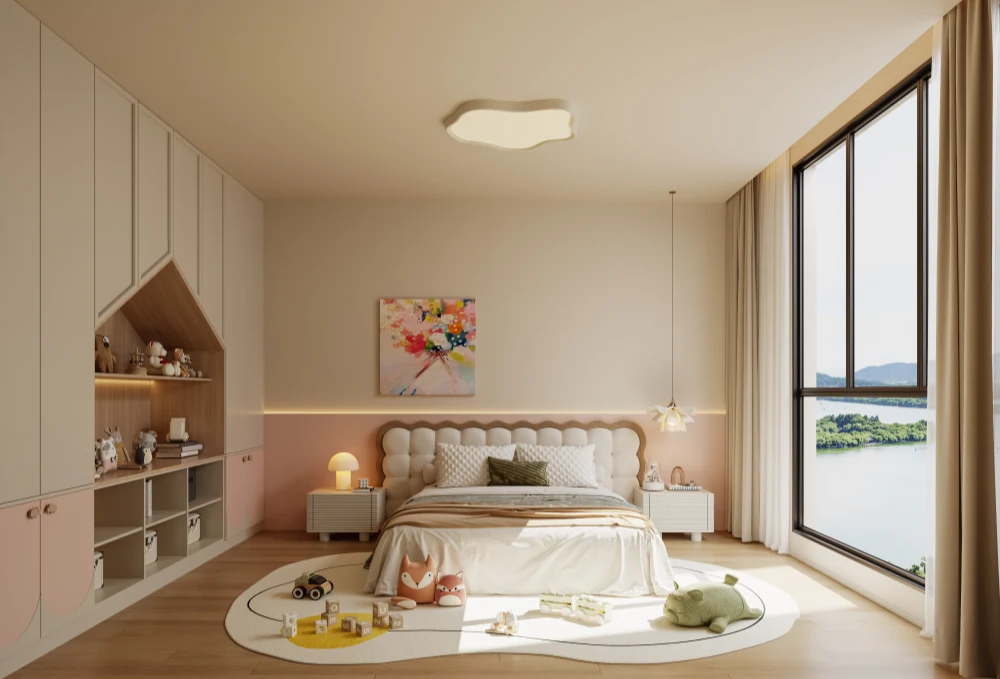 Adaptable children's room with safe built-in storage and study furniture