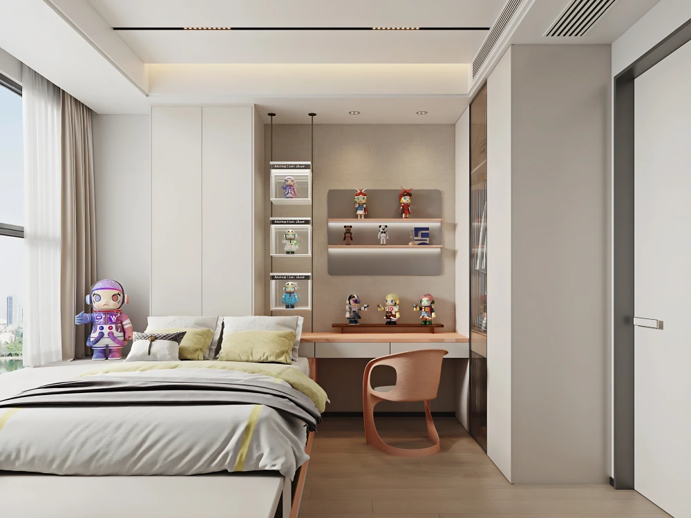 Adaptable children's room with integrated wardrobe, study desk and storage