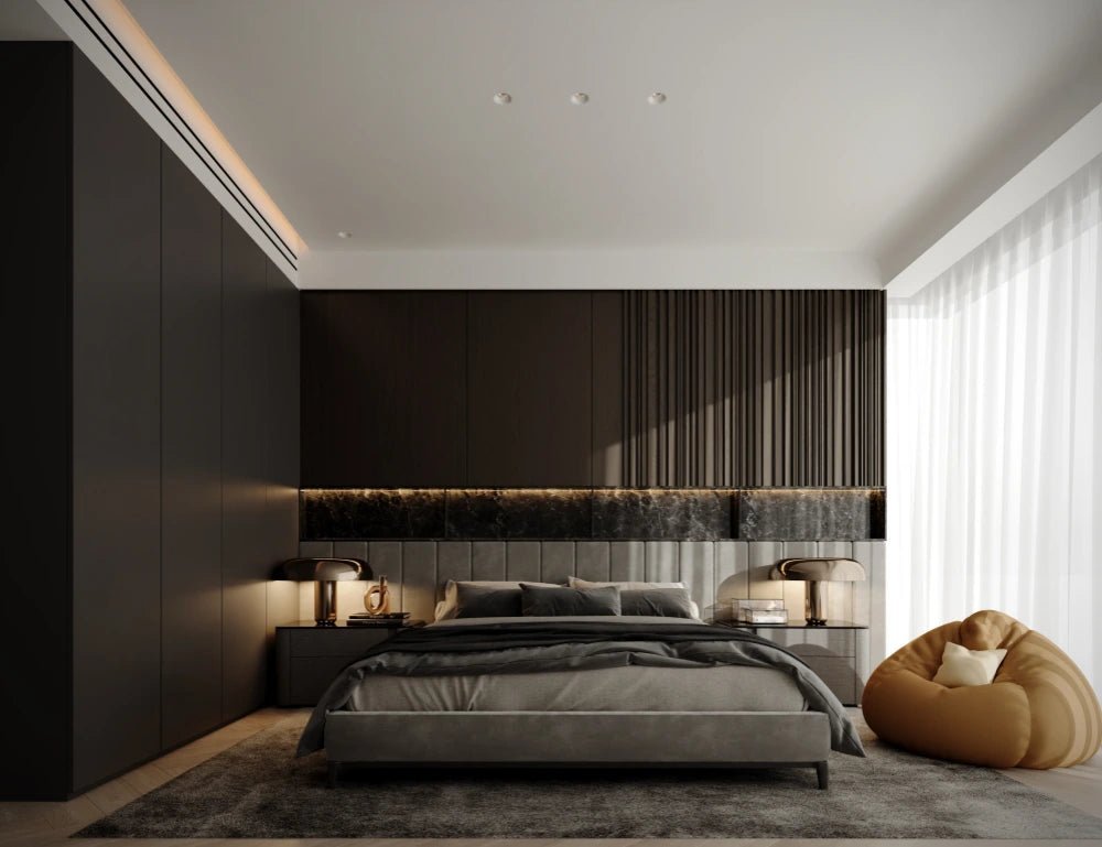 Luxury minimalist bedroom with Mretty bespoke cabinet system and refined finishes