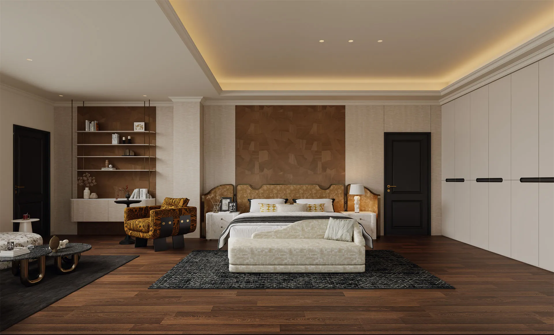 Integrated door and wall panel system with matching wood finishes