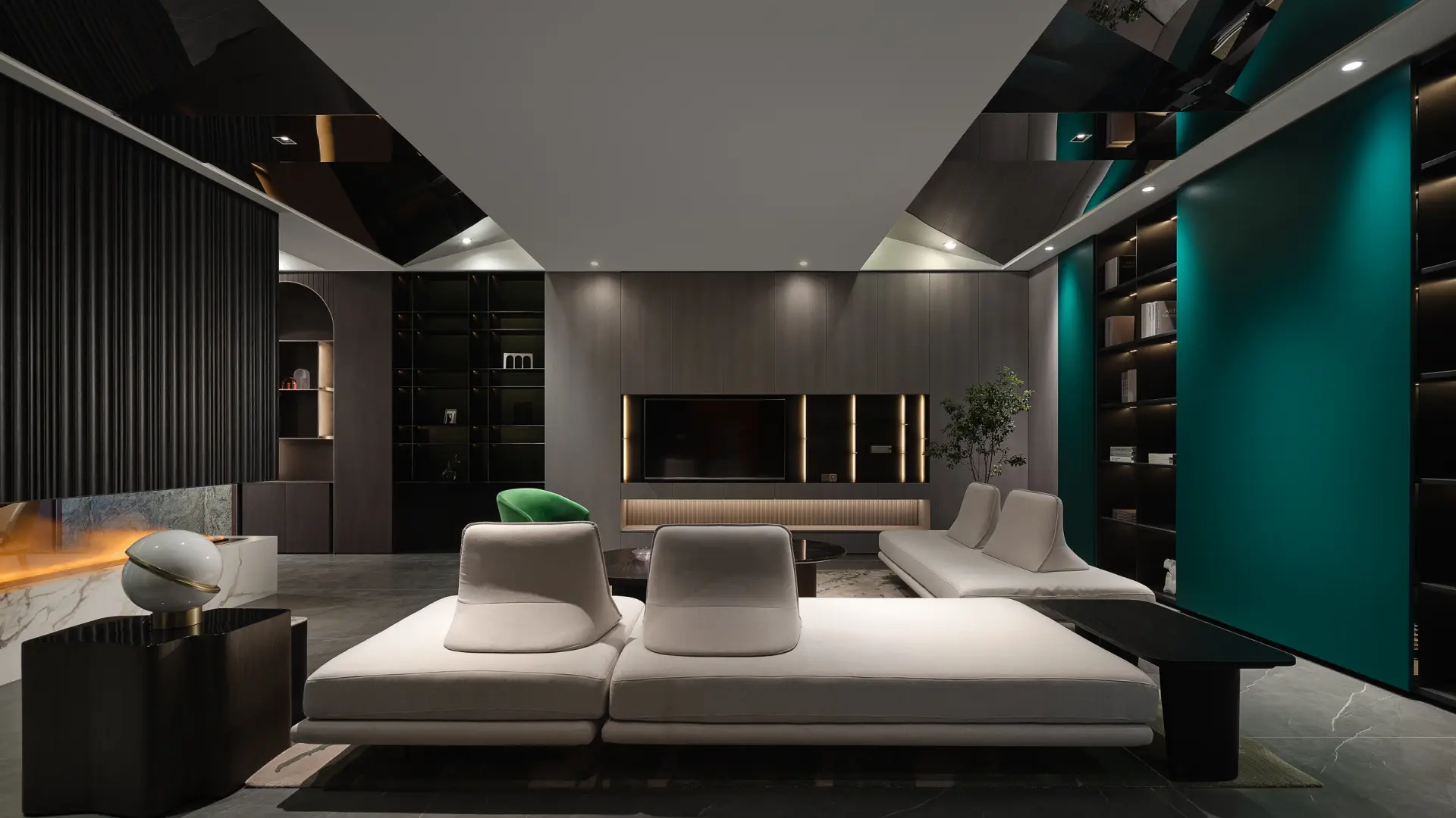 Spacious showroom interior with modern kitchen and cabinet displays
