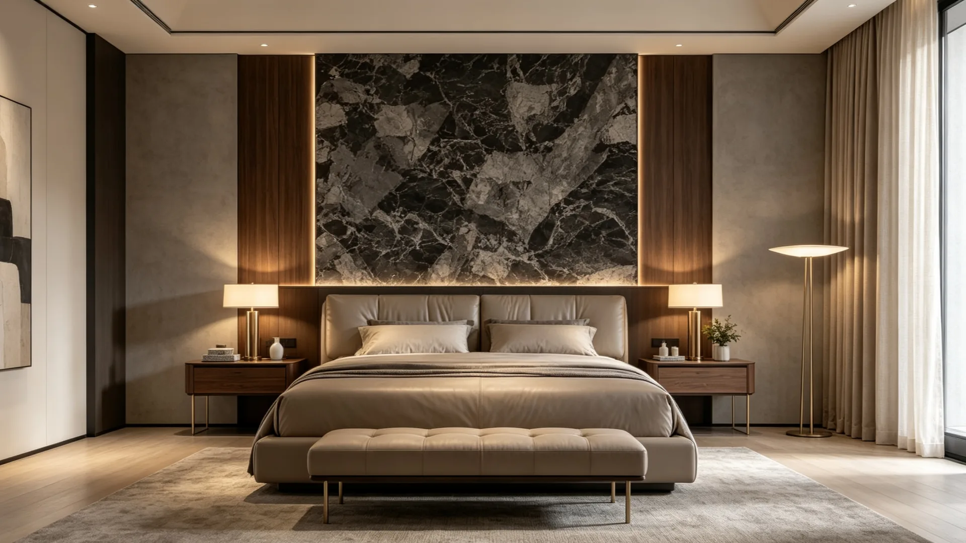Natural marble and solid wood veneer details