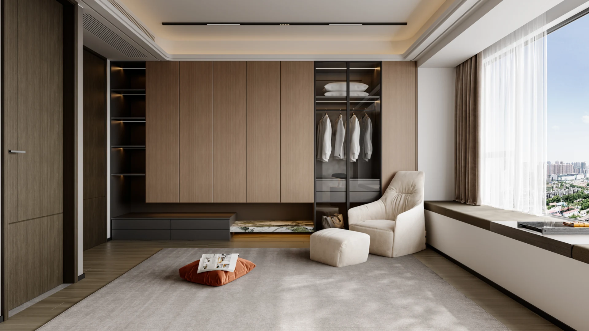 Contemporary interior featuring bespoke wardrobe design and custom storage solutions