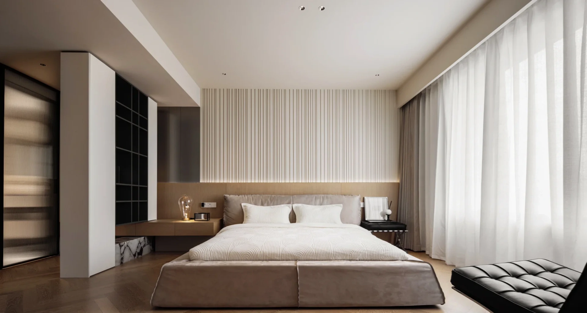 Bespoke built-in bedroom wardrobe with clean lines and integrated storage