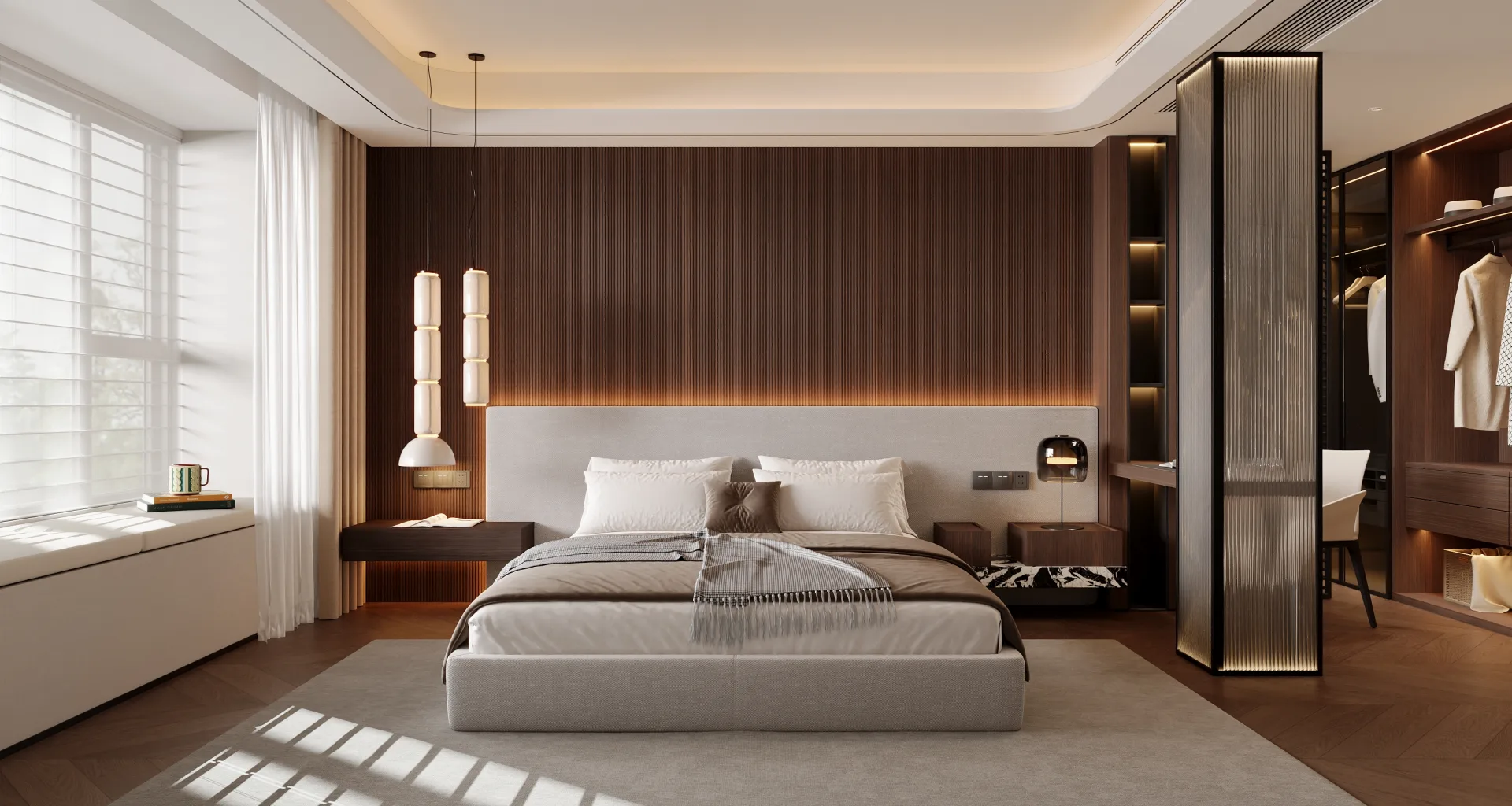 Luxurious walk-in closet with bespoke shelving, lighting, and premium finishes